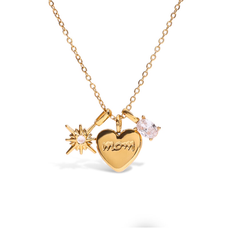 J&D 18K PVD Gold Plate Stainless Steel Necklace Love MOM White Zircon Star Heart Pendant Necklace - Image 3