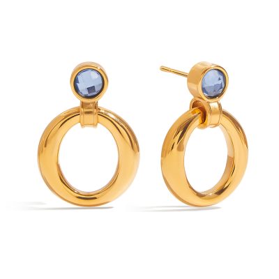 J&D Elegant Blue Cubic Zircon Earrings 18K Gold Plated Stainless Steel Hoop Door Design Hypoallergenic Minimalist Jewelry