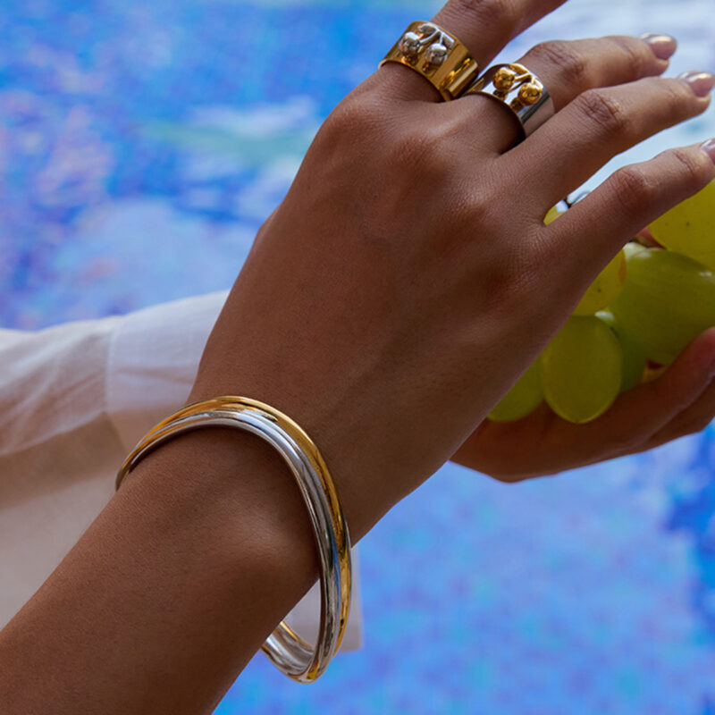 18K Gold Wave Bangle Two Tone Double Layer Open Cuff Design - Image 5