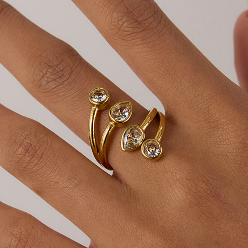 18K Gold Zircon Ring Teardrop Round Minimalist Open Design - Image 4