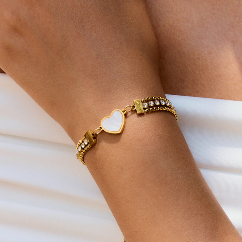 18K Gold Shell Heart Bracelet Triple Layer White Zircon - Image 3
