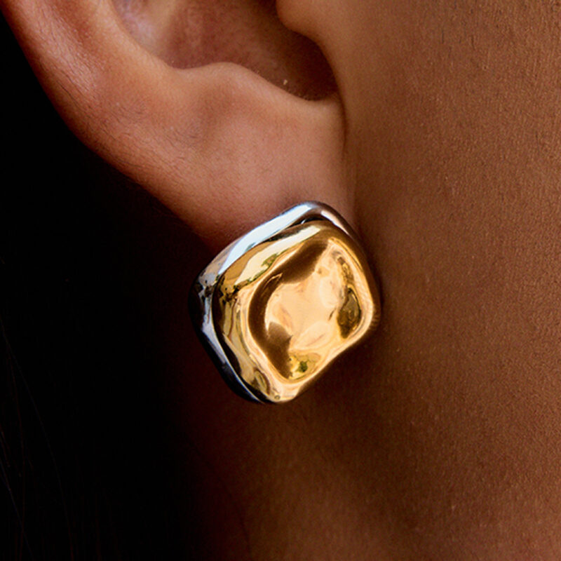 18K Gold Silver Square Earrings Minimalist Front Back Design - Image 3