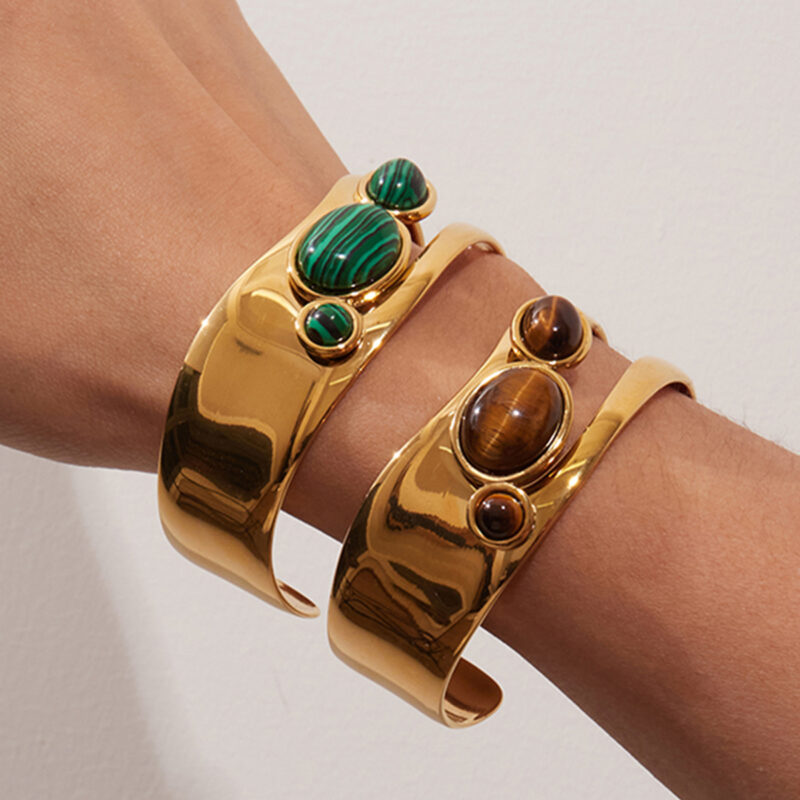 18K Gold Bangle Malachite Cutout Cuff Polished Retro Design - Image 4