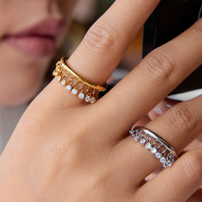 Steel Zircon Tassel Ring White Round Stone Minimalist Style - Image 4