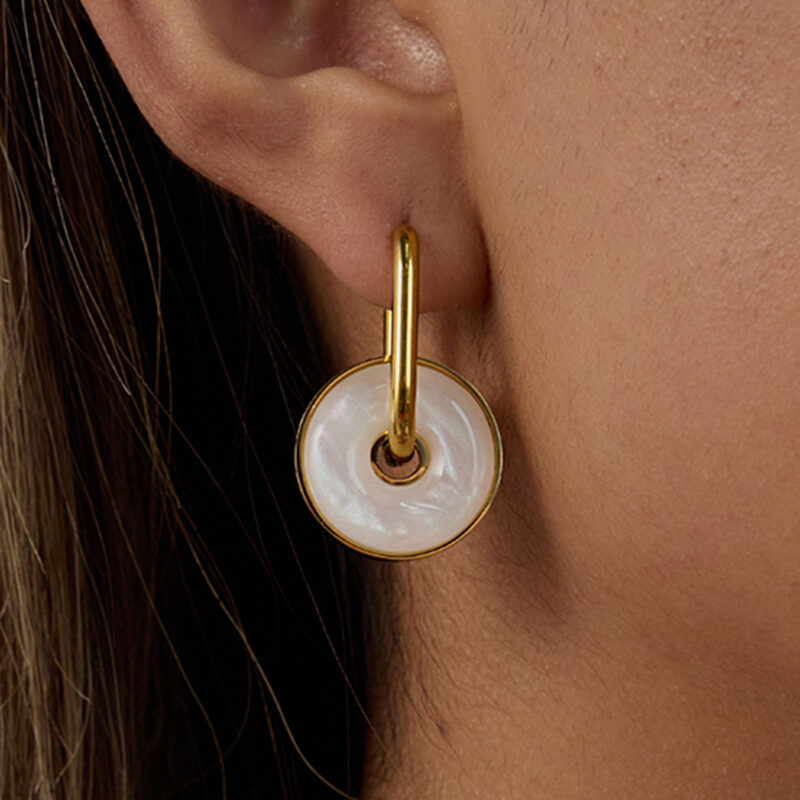 18K Gold Earrings Faux Pearl White Shell Drop Pendant Design - Image 5