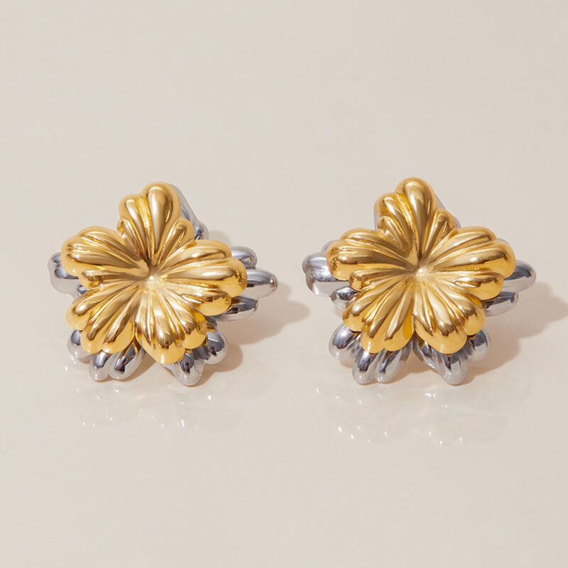 18K Gold Silver Flower Earrings Minimalist Double Sided Design - Image 2