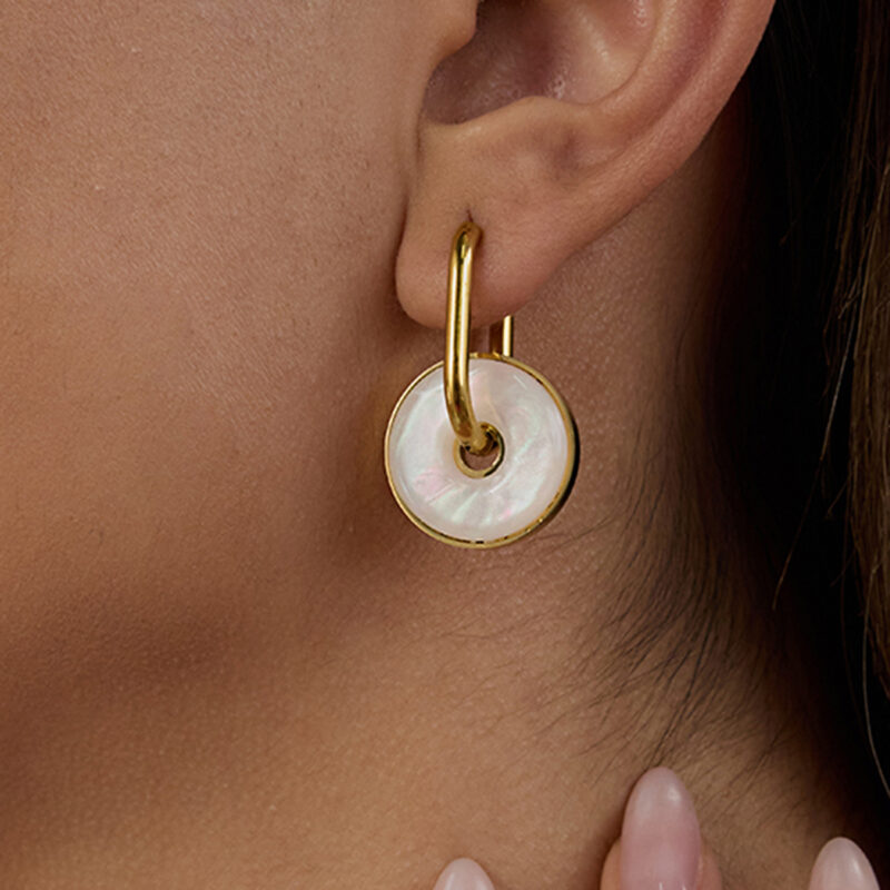 18K Gold Earrings Faux Pearl White Shell Drop Pendant Design - Image 4