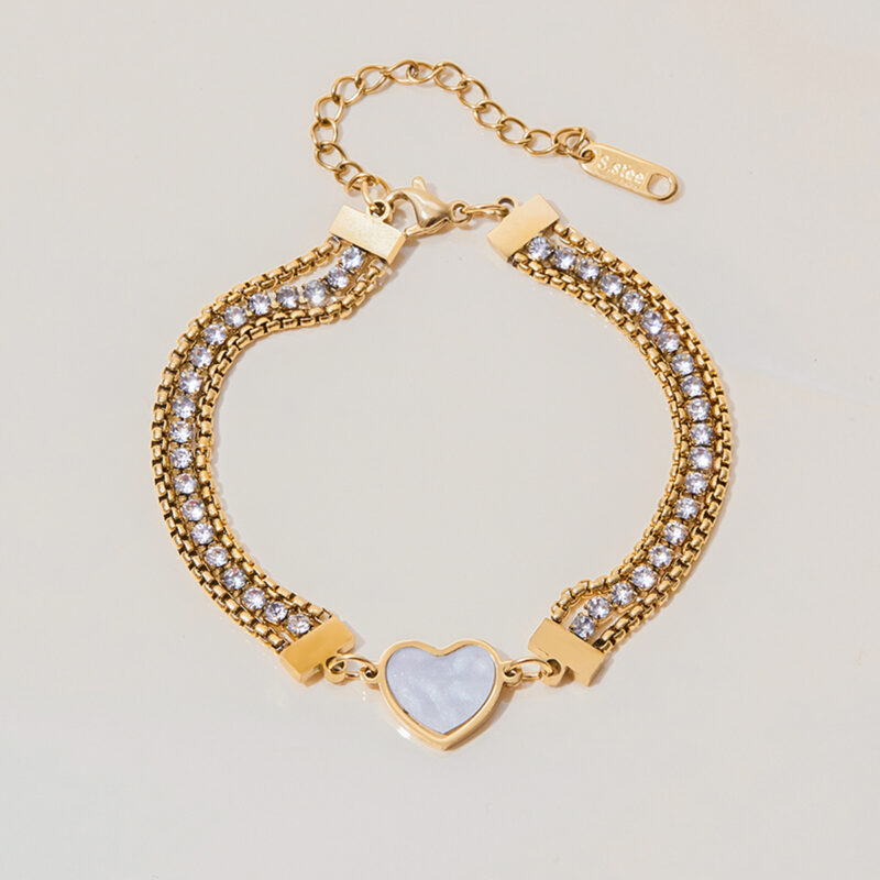 18K Gold Shell Heart Bracelet Triple Layer White Zircon - Image 2