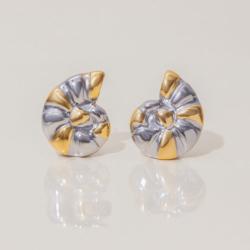 18K Gold Silver Seashell Earrings Minimalist Two Tone Design - Image 3
