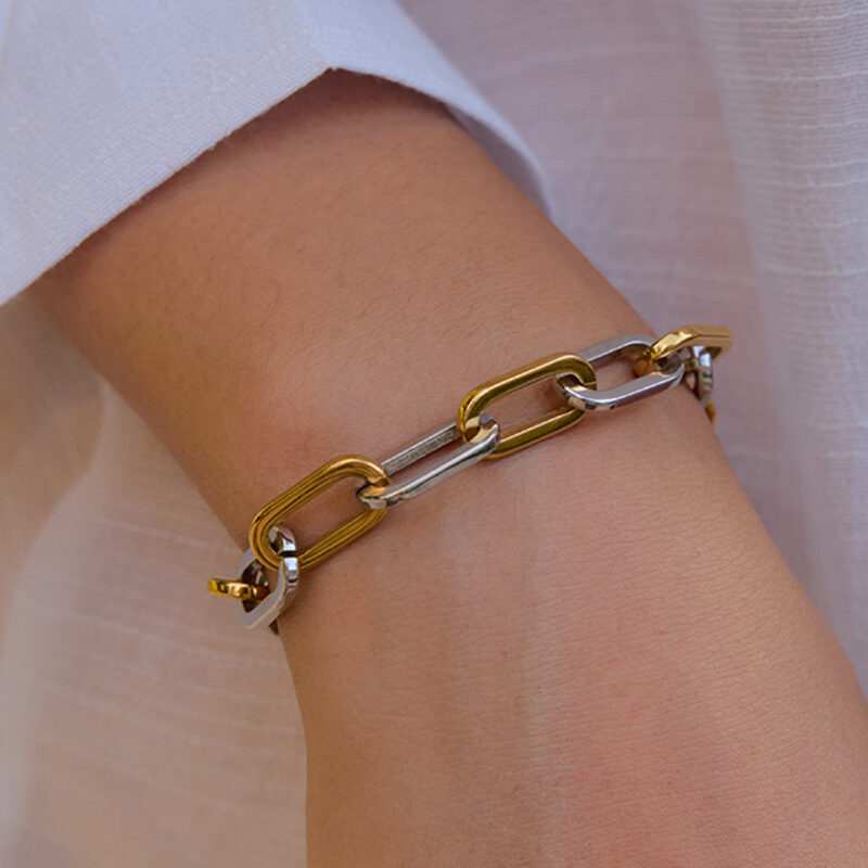 18K Gold Silver Paperclip Bracelet Two Tone Clasp Style - Image 2