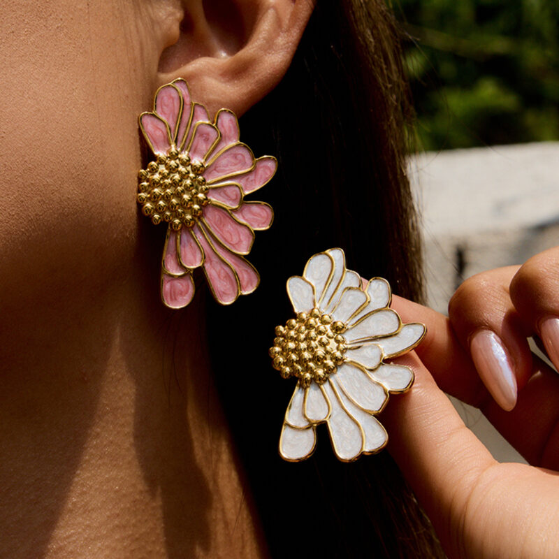 18K Gold Pink Flower Earrings Enamel Drop Romantic Jewelry - Image 4