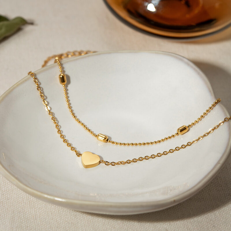 18K Gold Double-Layer Anklet with Heart Pendant & Oval Bead Chain - Image 4