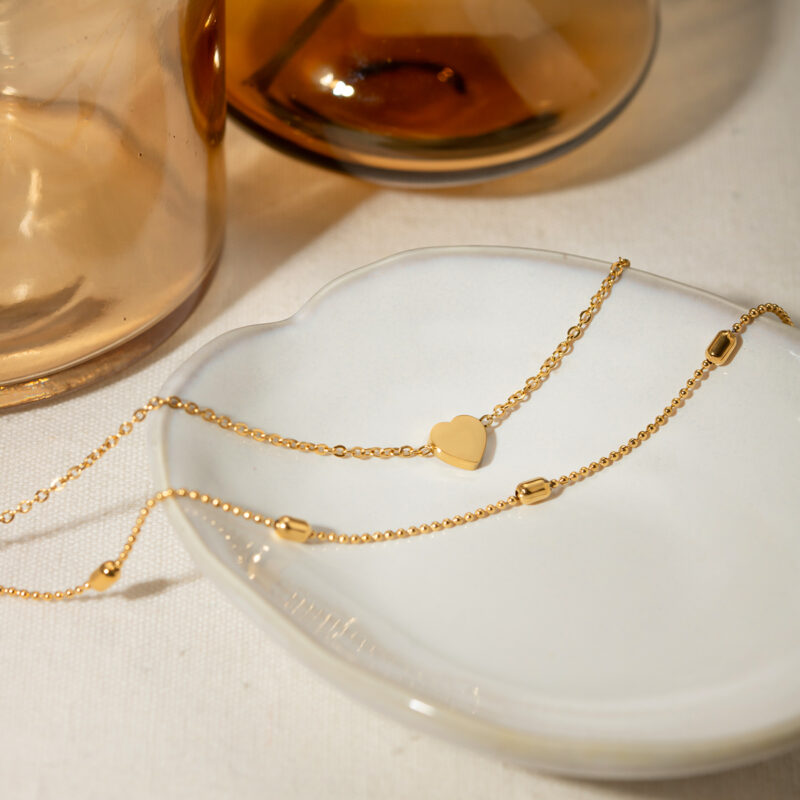 18K Gold Double-Layer Anklet with Heart Pendant & Oval Bead Chain - Image 3