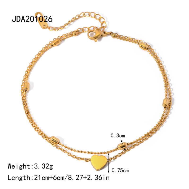 18K Gold Double-Layer Anklet with Heart Pendant & Oval Bead Chain - Image 5