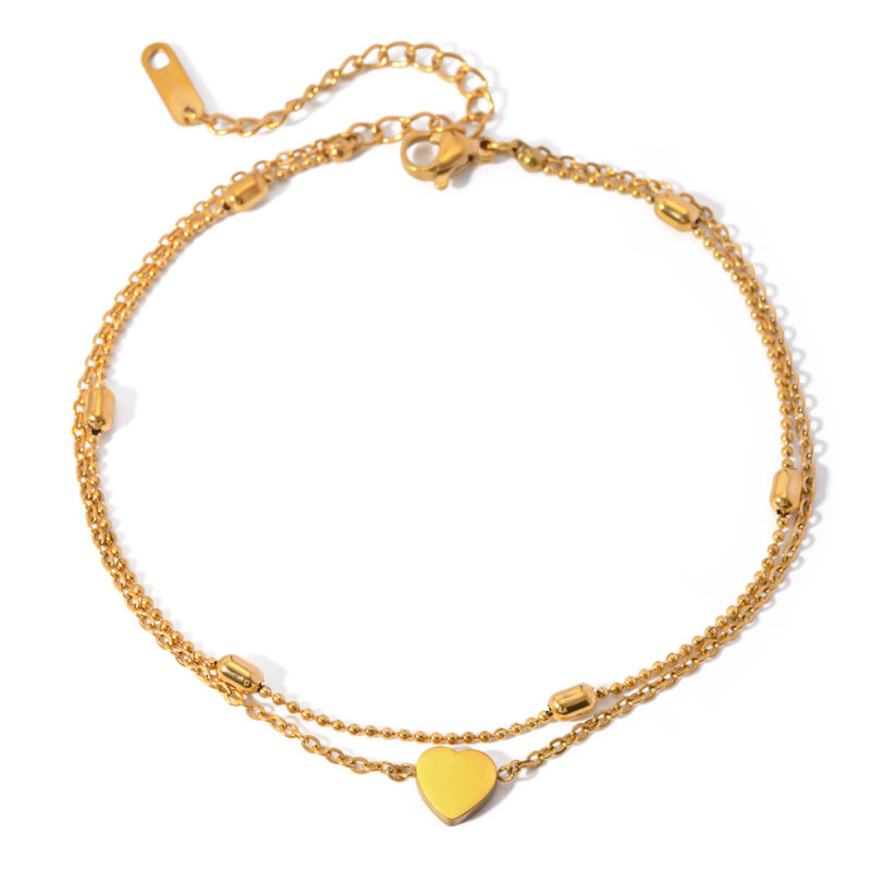 18K Gold Double-Layer Anklet with Heart Pendant & Oval Bead Chain