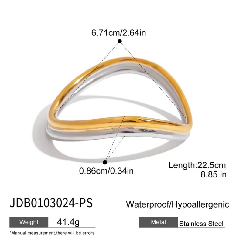 18K Gold Wave Bangle Two Tone Double Layer Open Cuff Design - Image 6