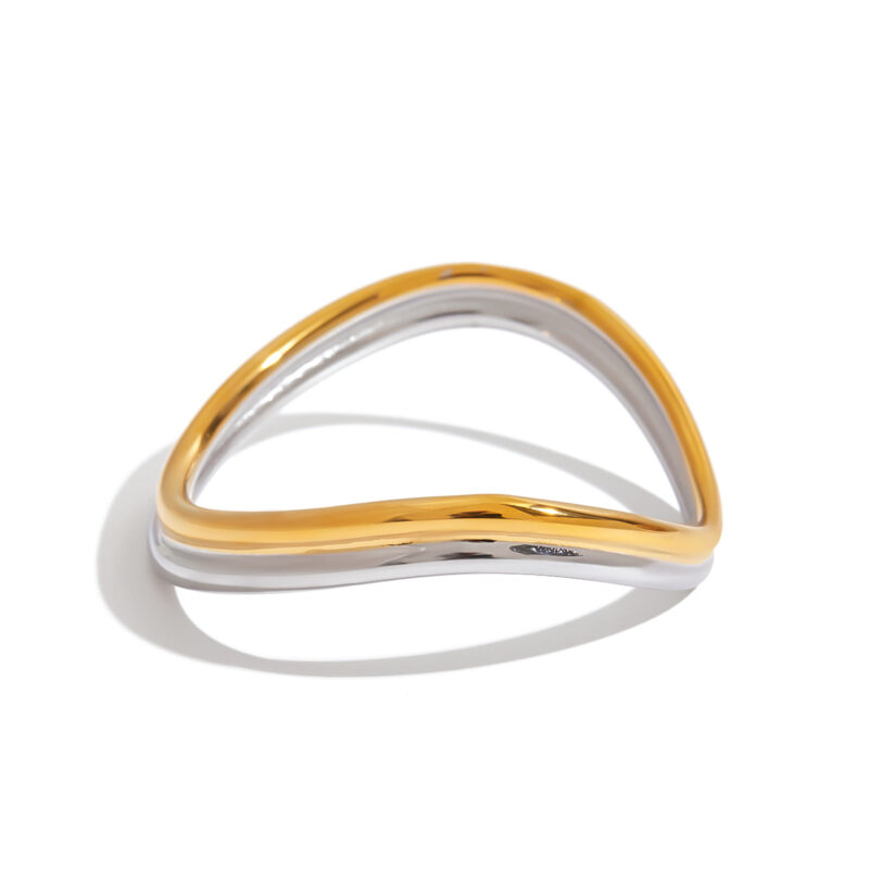 18K Gold Wave Bangle Two Tone Double Layer Open Cuff Design
