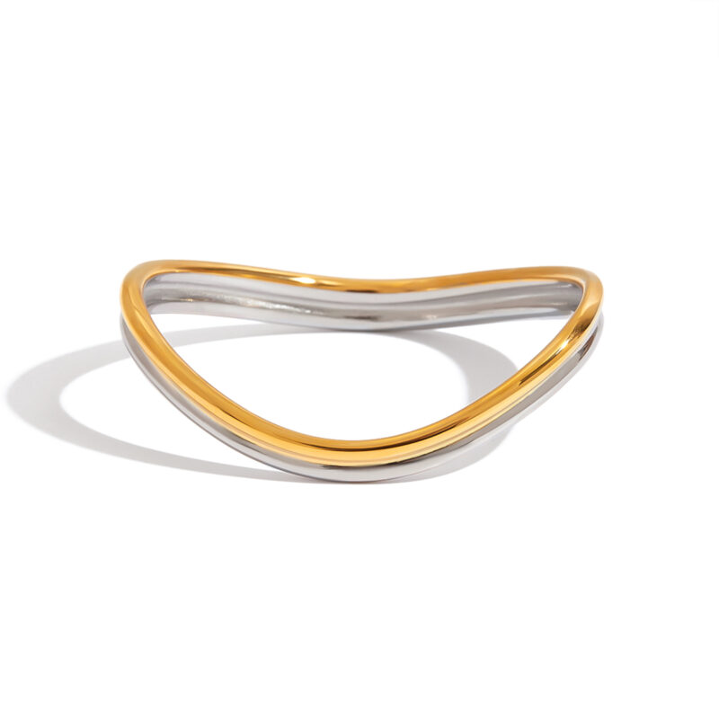 18K Gold Wave Bangle Two Tone Double Layer Open Cuff Design - Image 2