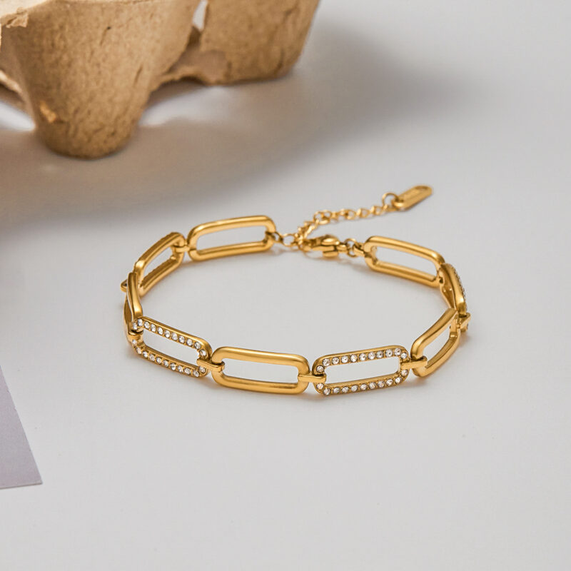 18K Gold Paperclip Bracelet White Crystal Tennis Chain - Image 2