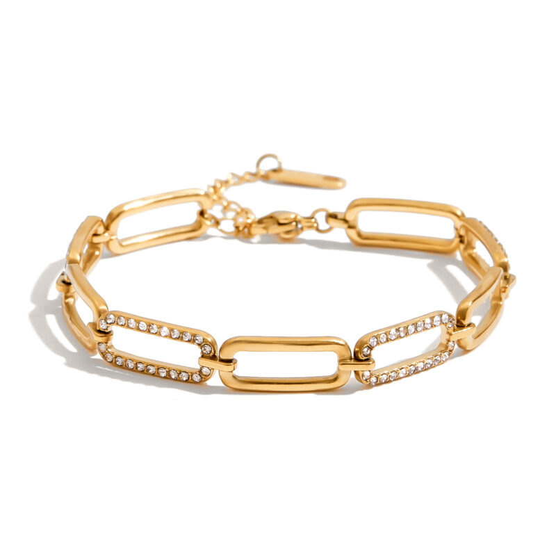 18K Gold Paperclip Bracelet White Crystal Tennis Chain