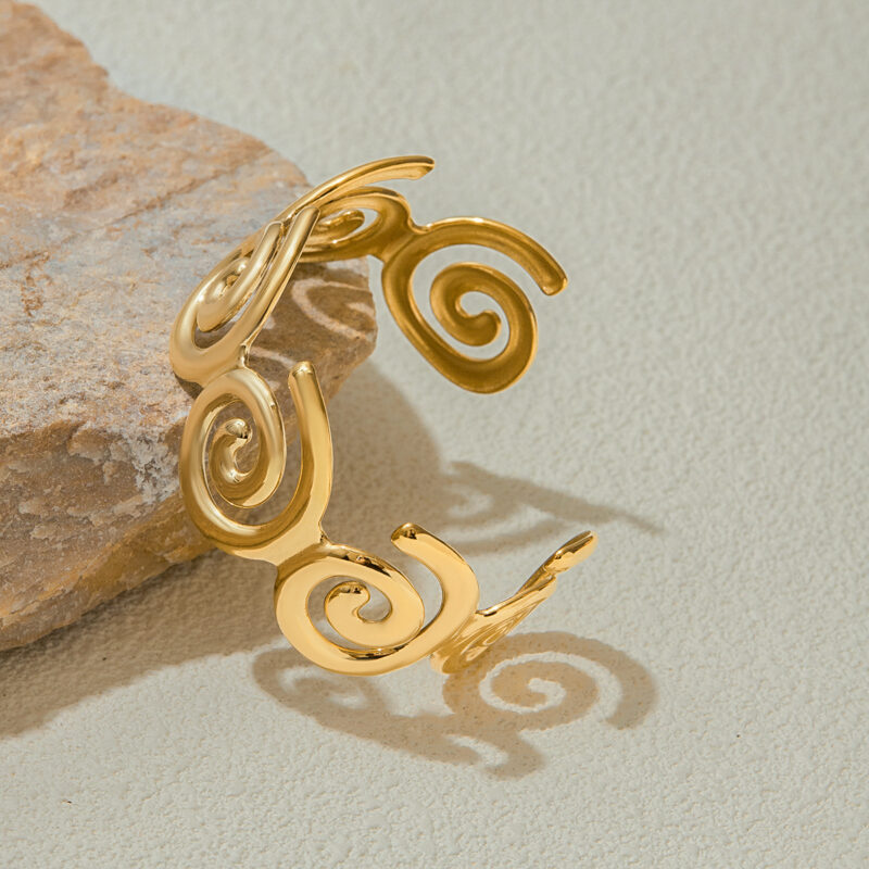 18K Gold Spiral Cutout Bangle Open Minimalist Cuff Bracelet - Image 3