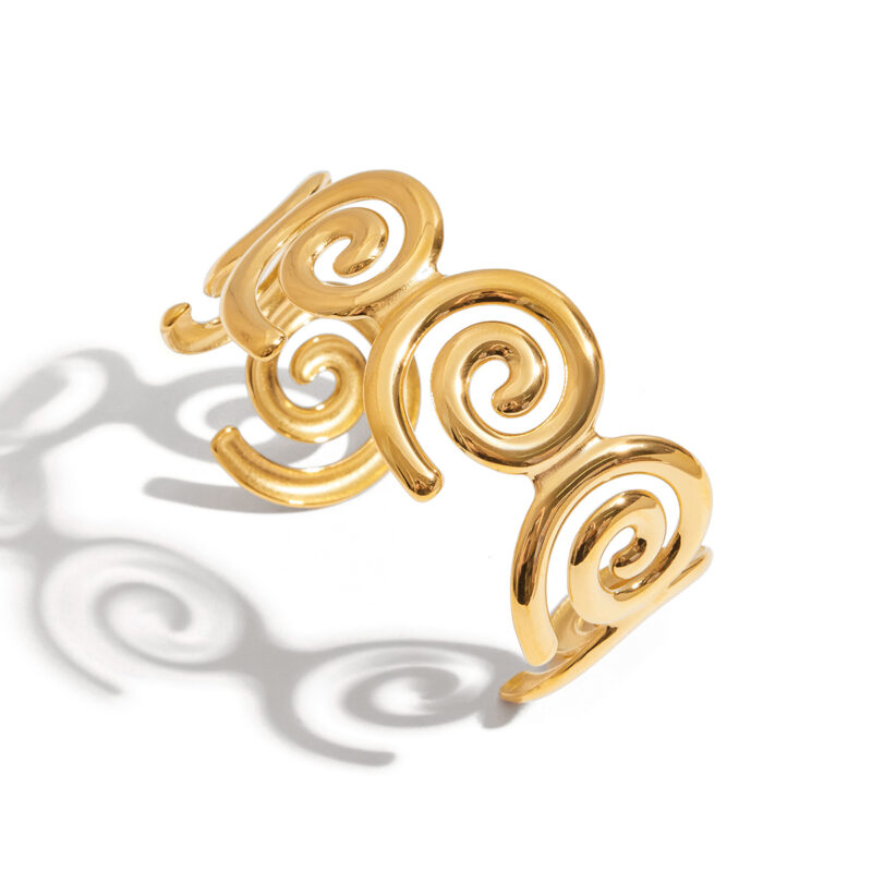 18K Gold Spiral Cutout Bangle Open Minimalist Cuff Bracelet - Image 2