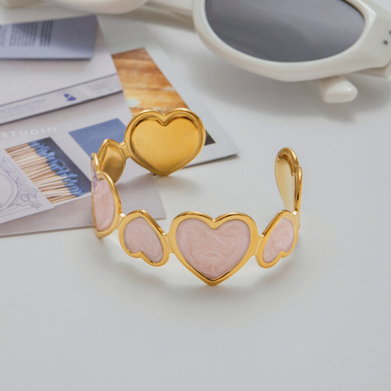18K Gold Heart Bangle Pink Enamel Open Cuff Romantic Style - Image 3