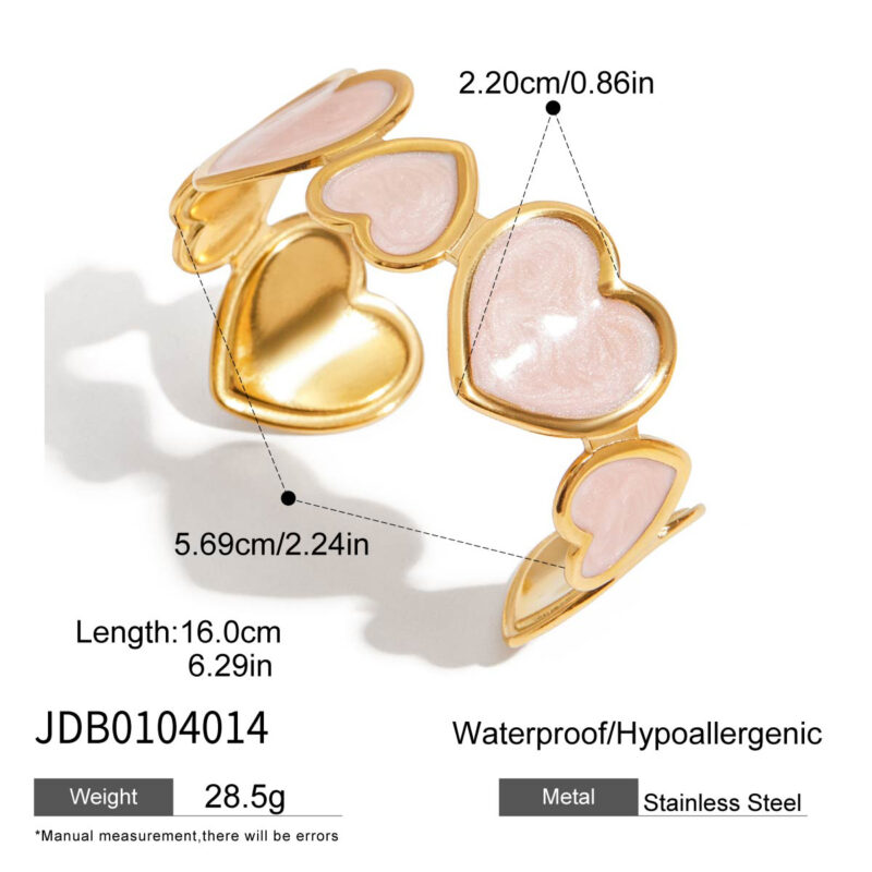 18K Gold Heart Bangle Pink Enamel Open Cuff Romantic Style - Image 6