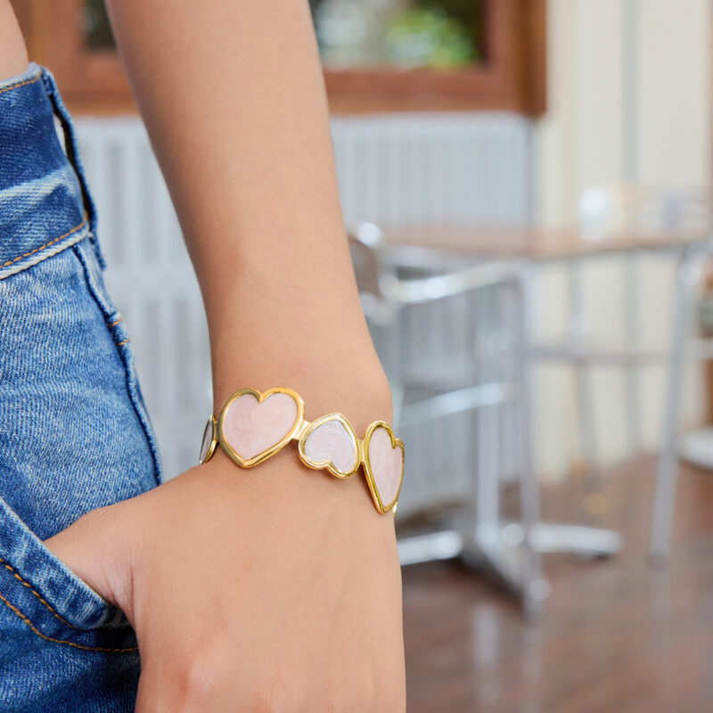 18K Gold Heart Bangle Pink Enamel Open Cuff Romantic Style - Image 5