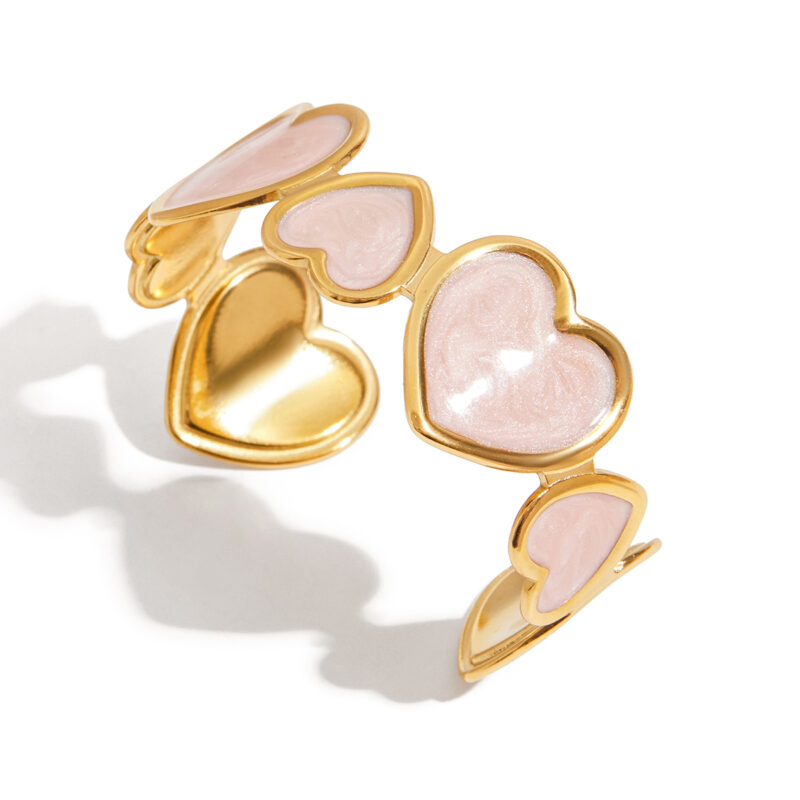 18K Gold Heart Bangle Pink Enamel Open Cuff Romantic Style - Image 2