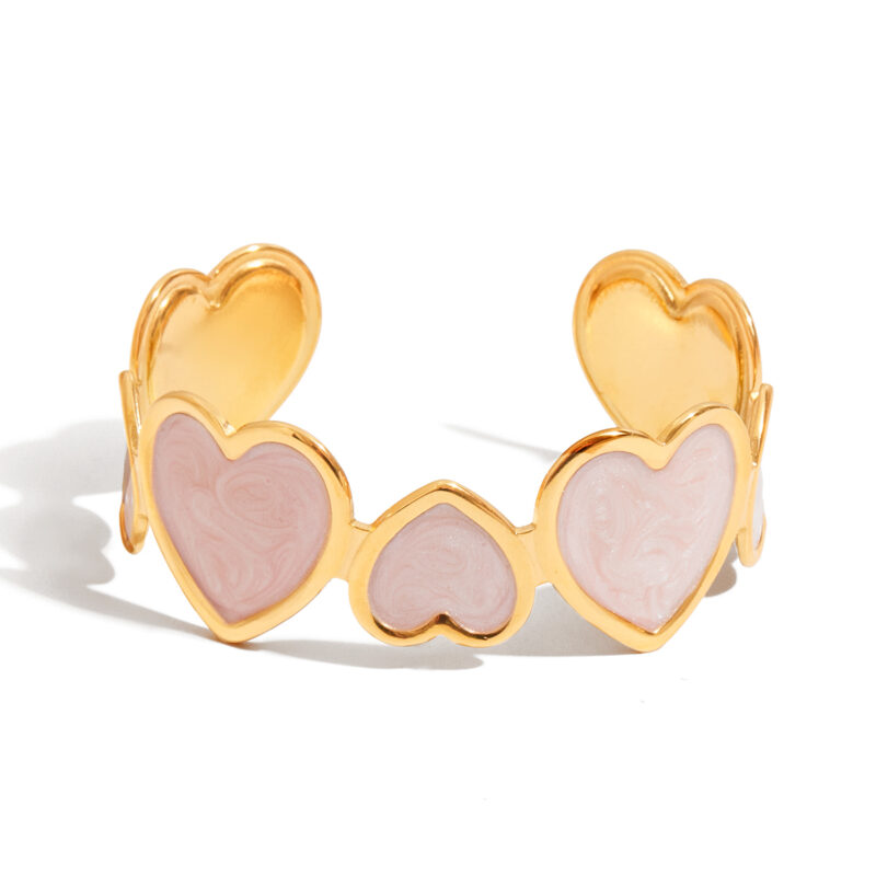 18K Gold Heart Bangle Pink Enamel Open Cuff Romantic Style