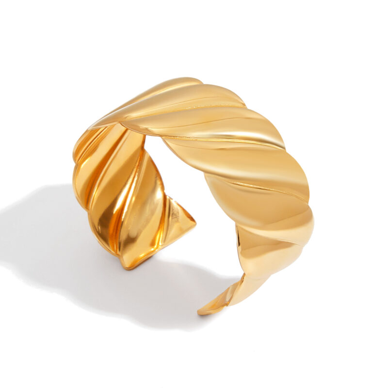 18K Gold Wave Bangle Smooth Open Cuff Minimalist Style