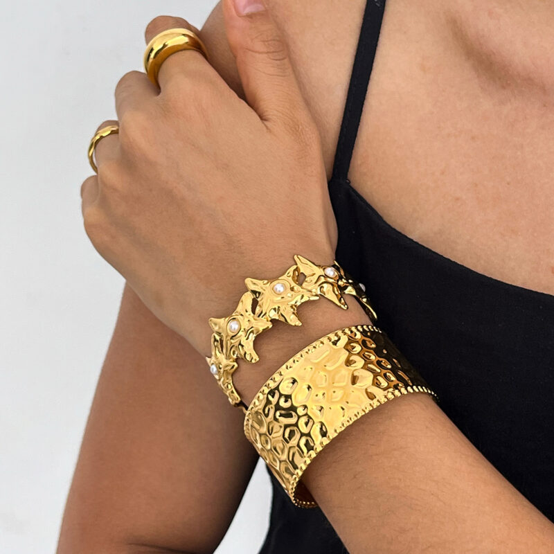 18K Gold Wide Cuff Bracelet Minimalist Open Statement Style - Image 6