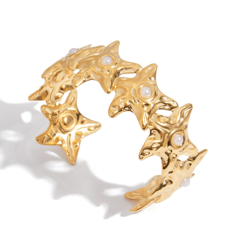 18K Gold Pearl Bangle Starfish Open Cuff Minimalist Design - Image 2