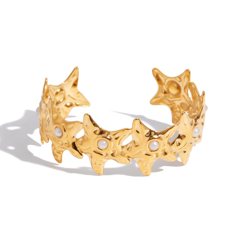 18K Gold Pearl Bangle Starfish Open Cuff Minimalist Design