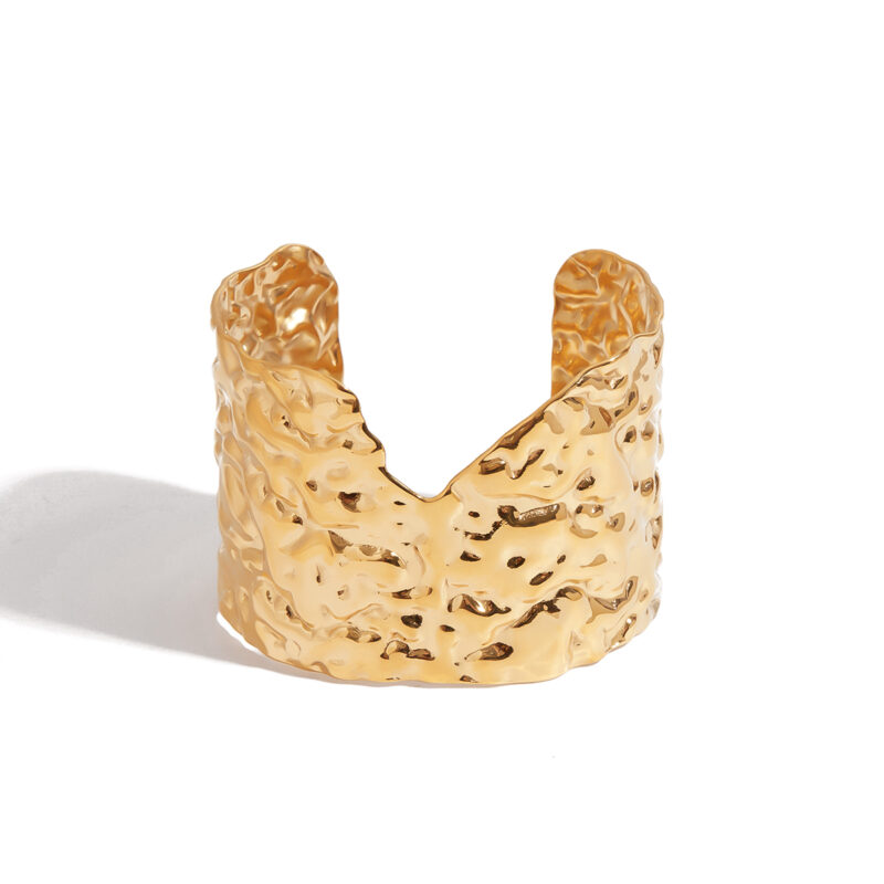 18K Gold Hammered Bangle Irregular Open Minimalist Cuff - Image 2