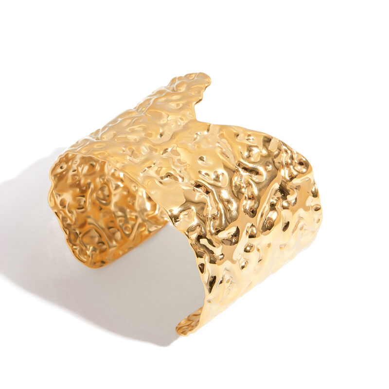 18K Gold Hammered Bangle Irregular Open Minimalist Cuff