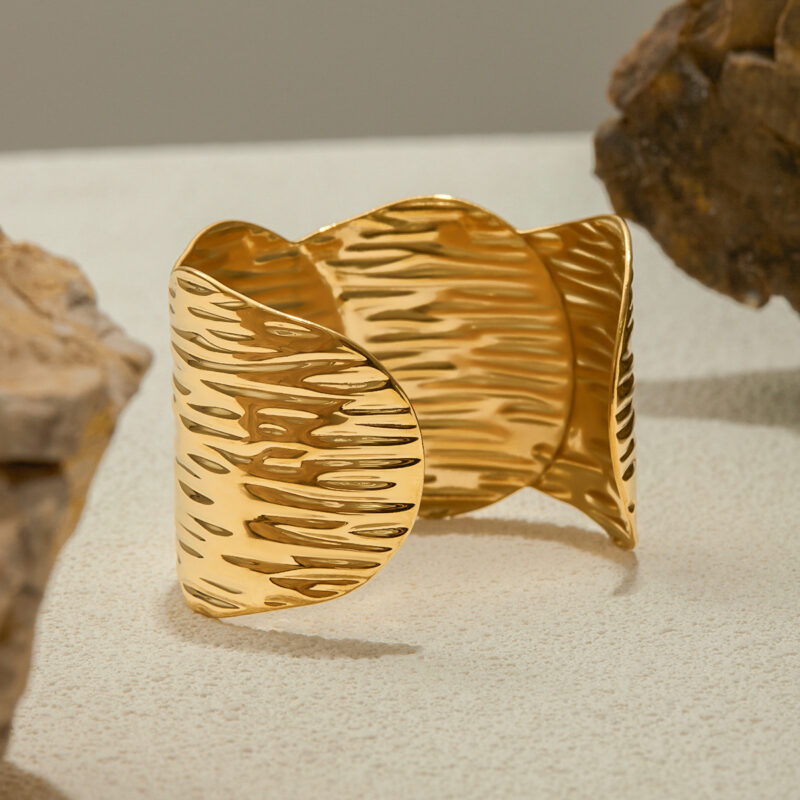 18K Gold Wide Texture Bangle Open Minimalist Cuff Bracelet - Image 3