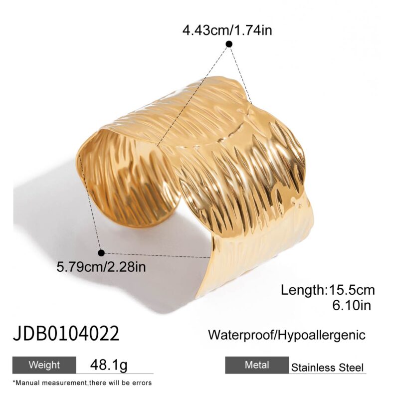 18K Gold Wide Texture Bangle Open Minimalist Cuff Bracelet - Image 6