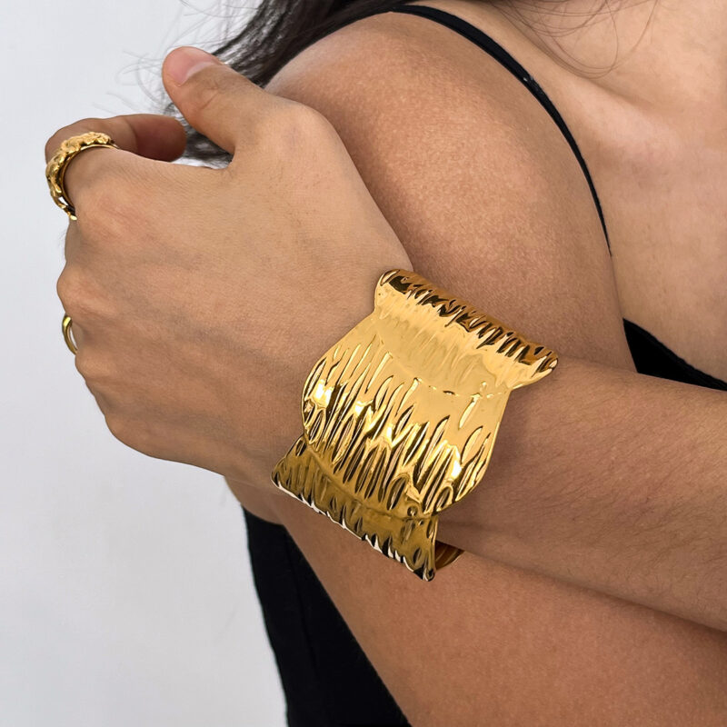 18K Gold Wide Texture Bangle Open Minimalist Cuff Bracelet - Image 5