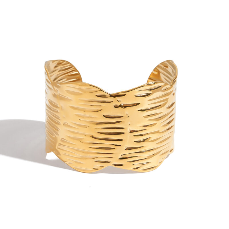18K Gold Wide Texture Bangle Open Minimalist Cuff Bracelet - Image 2