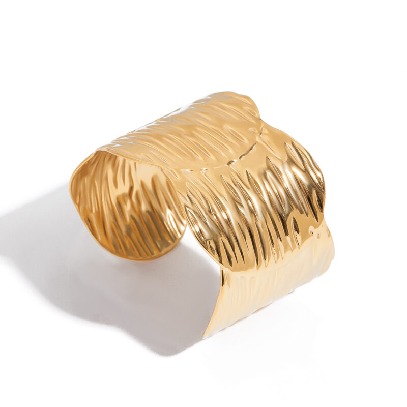 18K Gold Wide Texture Bangle Open Minimalist Cuff Bracelet