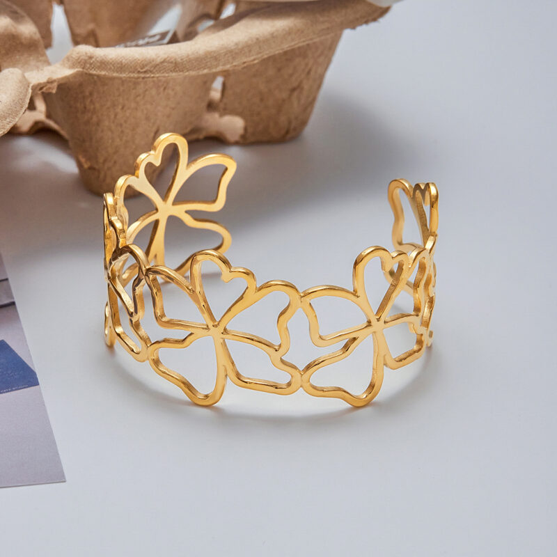 18K Gold Floral Cutout Bangle Open Minimalist Cuff Bracelet - Image 3