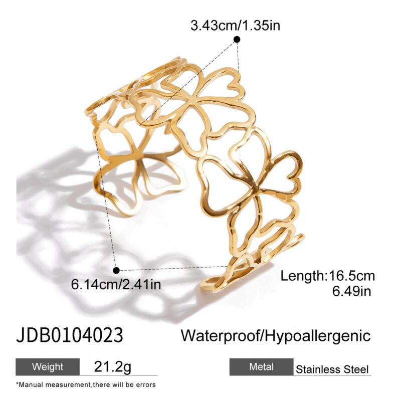 18K Gold Floral Cutout Bangle Open Minimalist Cuff Bracelet - Image 5