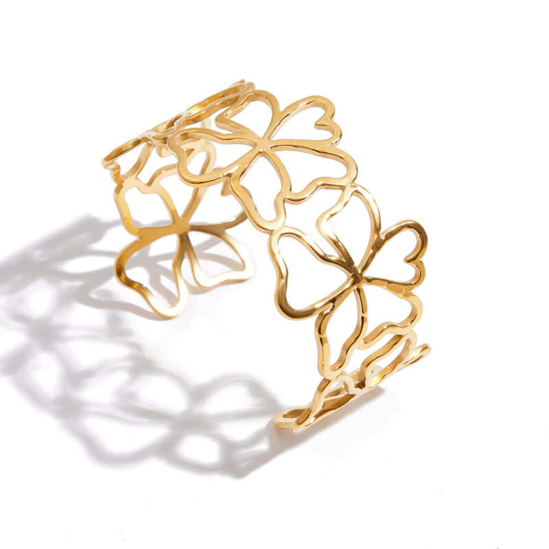 18K Gold Floral Cutout Bangle Open Minimalist Cuff Bracelet