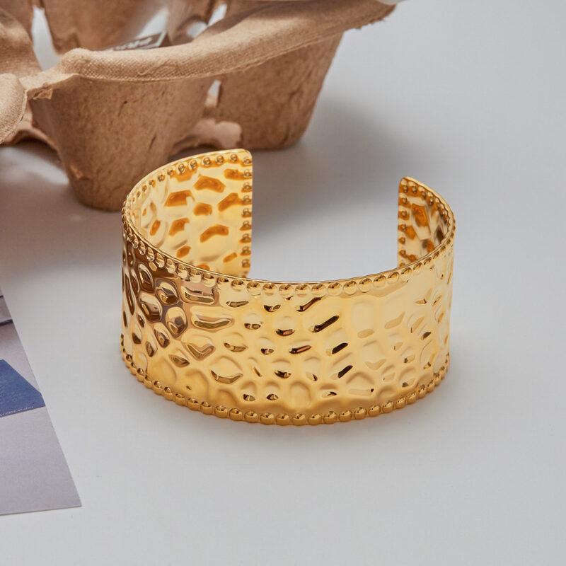 18K Gold Wide Cuff Bracelet Minimalist Open Statement Style - Image 3