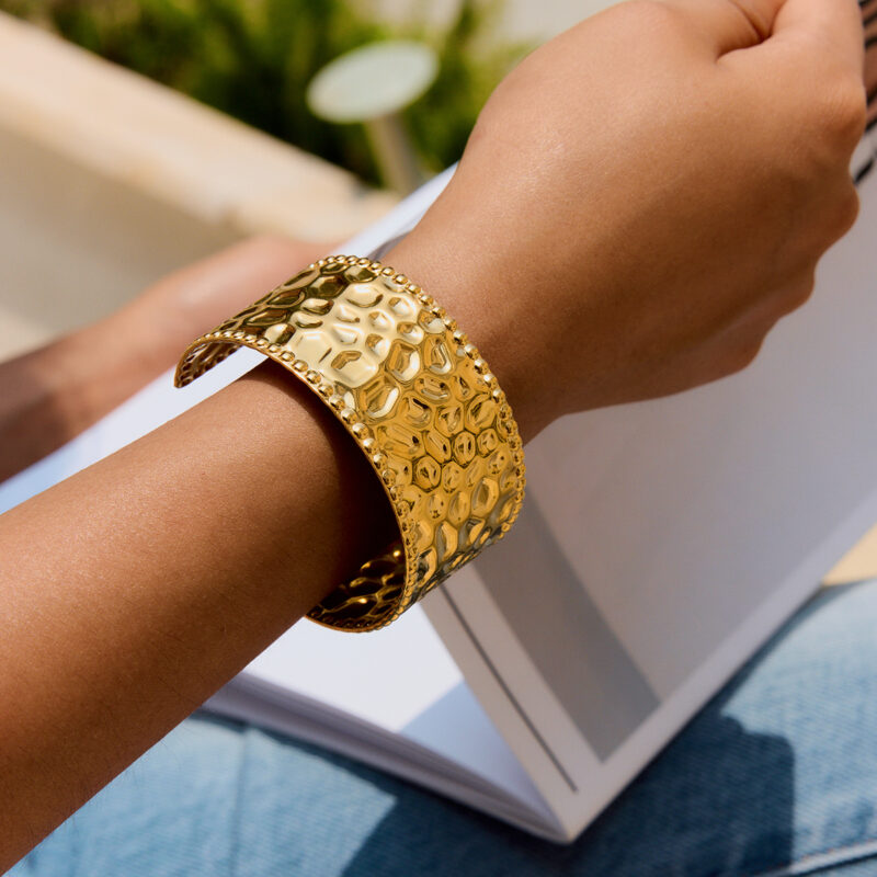 18K Gold Wide Cuff Bracelet Minimalist Open Statement Style - Image 5