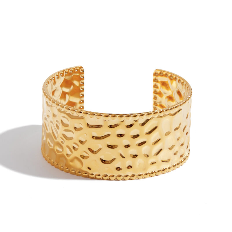 18K Gold Wide Cuff Bracelet Minimalist Open Statement Style - Image 2