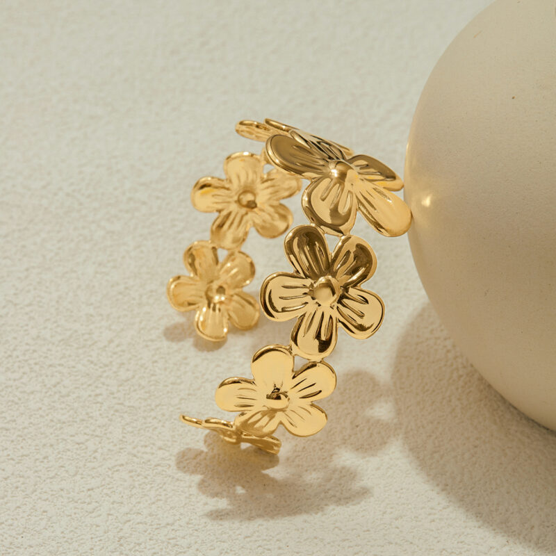 18K Gold Flower Bangle Minimalist Open Cuff Bracelet Design - Image 2