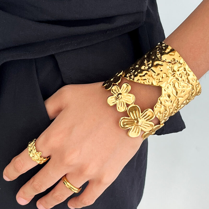 18K Gold Hammered Bangle Irregular Open Minimalist Cuff - Image 5